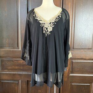Woolworth Size 16 Women's Black Embroidered Top Tunic Sheer Chiffon V-Neck Beads